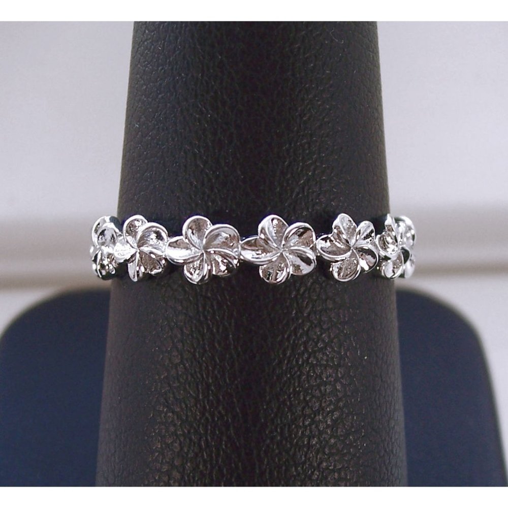 Hawaiian Plumeria Flower Eternity Band Ring 4.2 mm 925 Sterling Silver - Picture 14 of 16